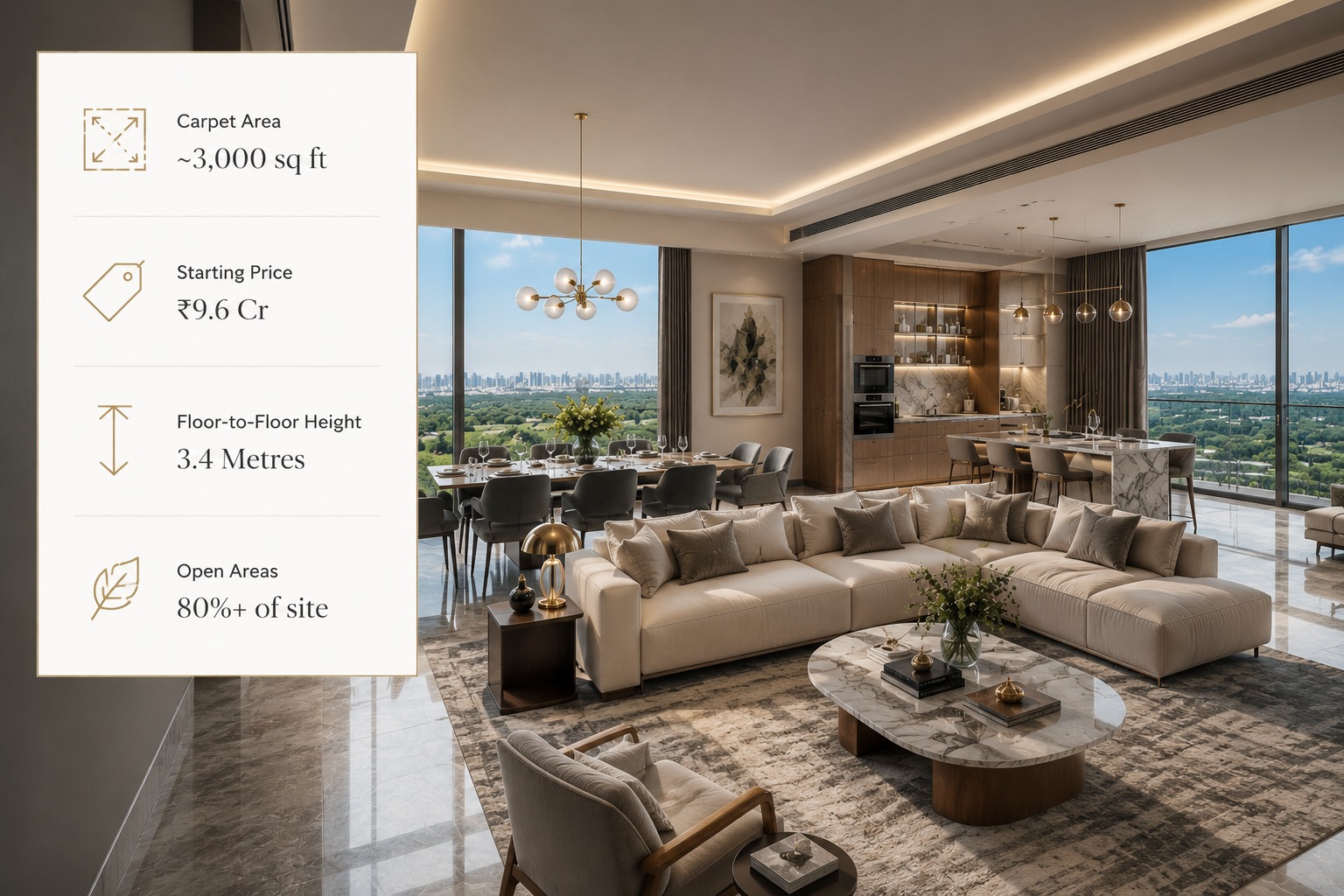Ultra-luxury 3 BHK apartment interior Golf Course Road Gurgaon 3000 sq ft open plan living