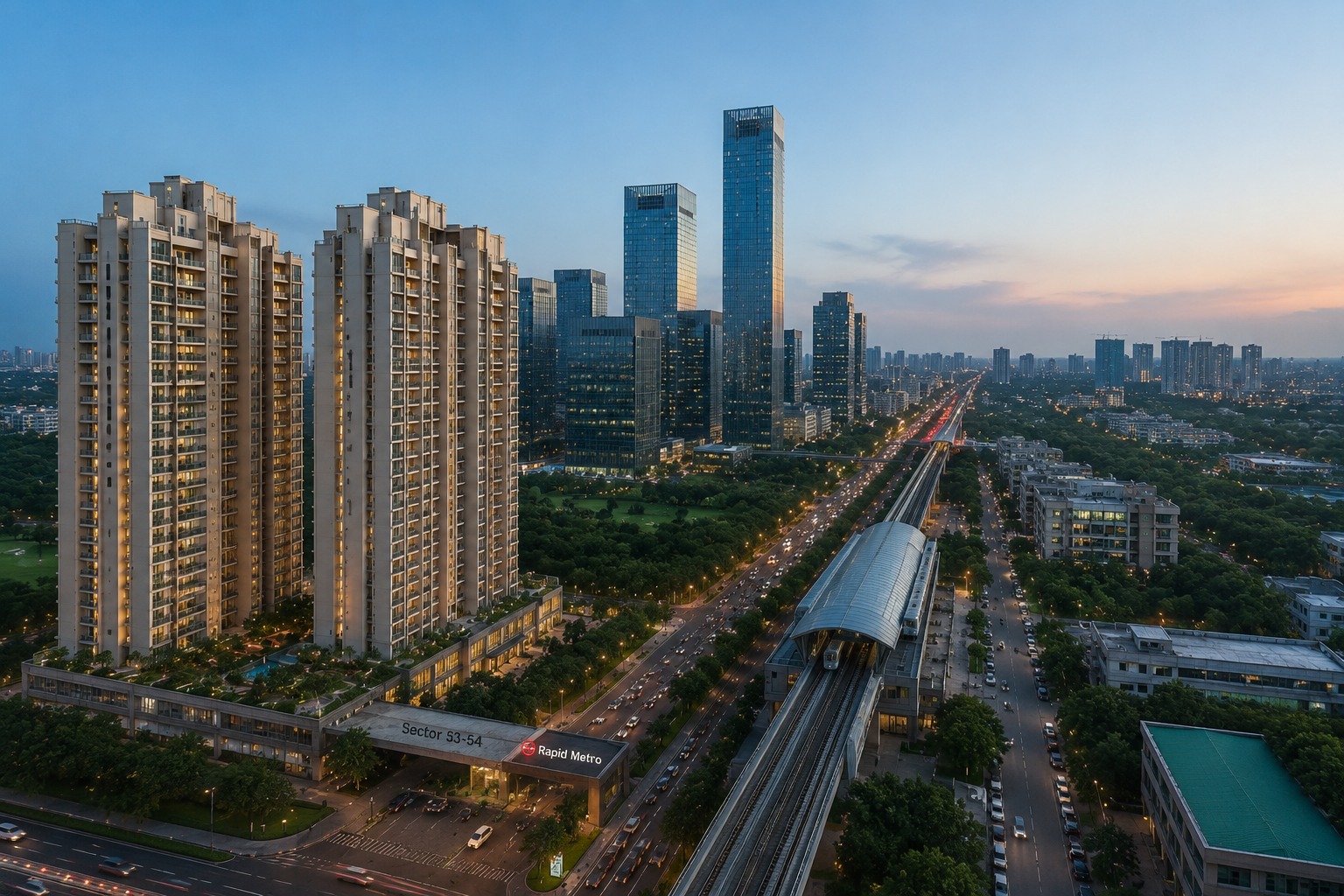 Golf Course Road Gurgaon aerial view Sector 53 luxury residential corridor
