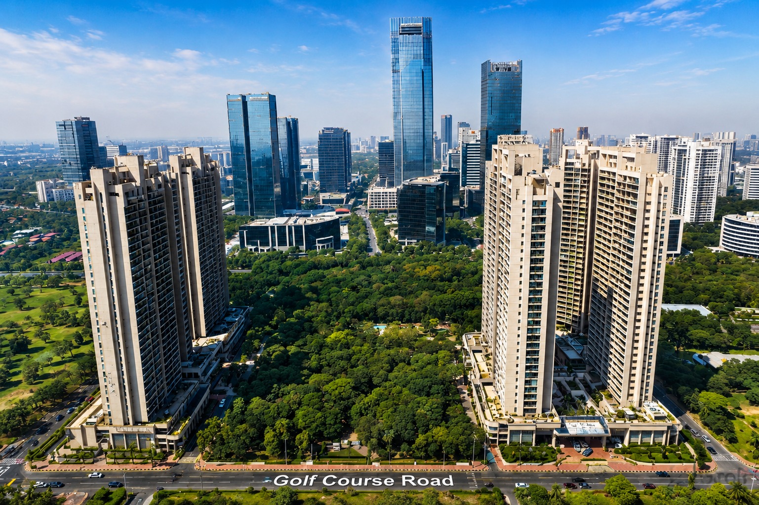 Luxury high-rise residential towers aerial view Golf Course Road Gurgaon Sector 53