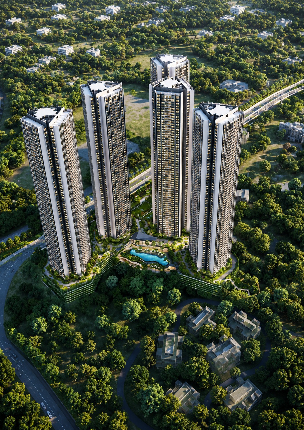 Oberoi Sector 58 Gurgaon 360 North Three Sixty North — luxury residential tower exterior, 14.5 acre masterplan with 9.5 acre open green estate