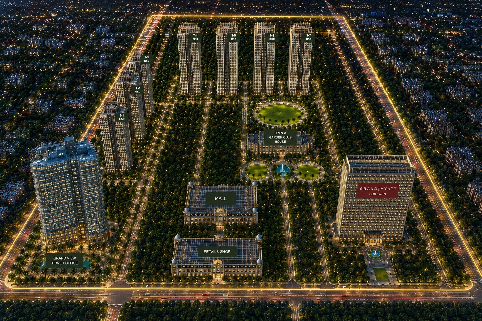 Oberoi Three Sixty North Sector 58 Gurgaon masterplan aerial view showing 7 residential towers T1-T7 at G+50, open green garden club house, mall, retail shops, Grand Hyatt Gurugram adjacent, Grand View Tower Office
